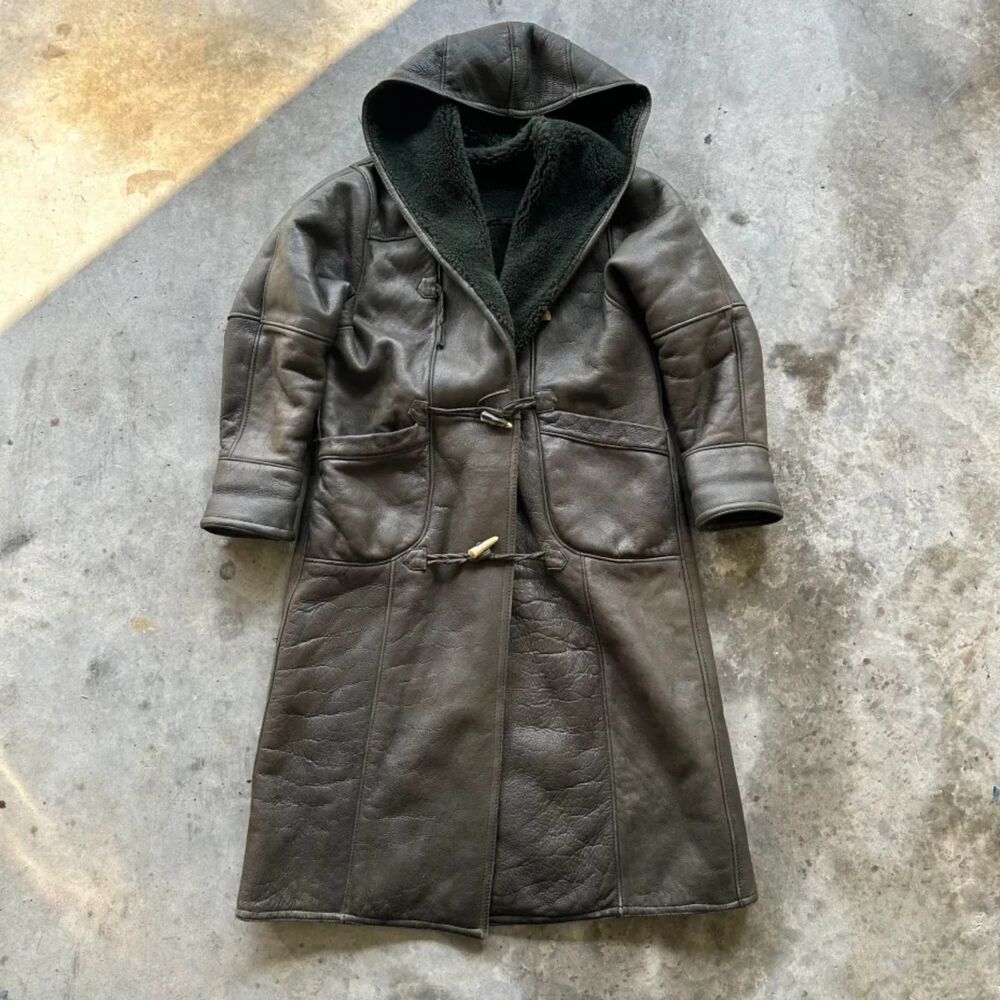 Vintage H.M. Leather Dark Olive Green Sheepskin Shearling Overcoat Size XL